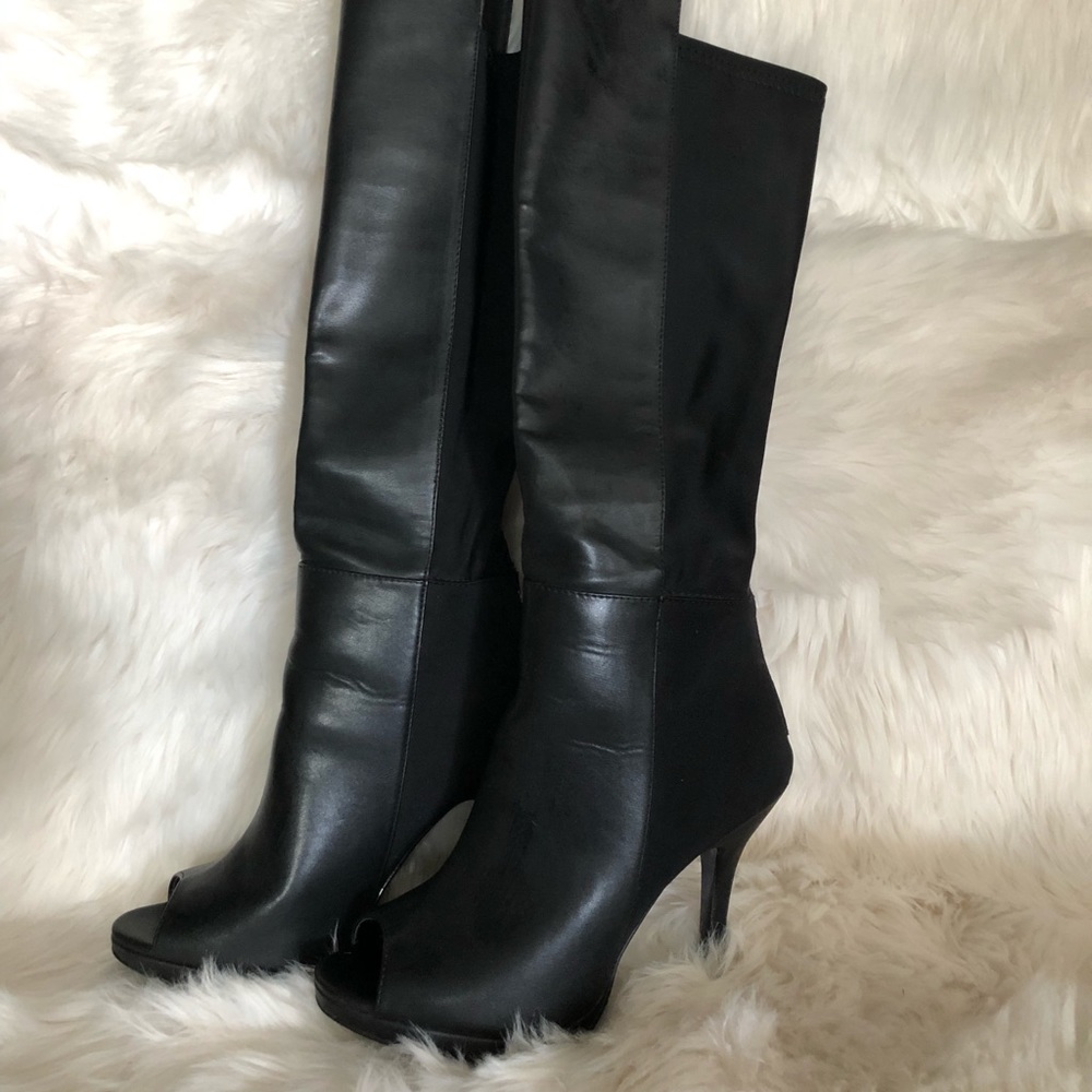 Tall peep toe black heeled boots